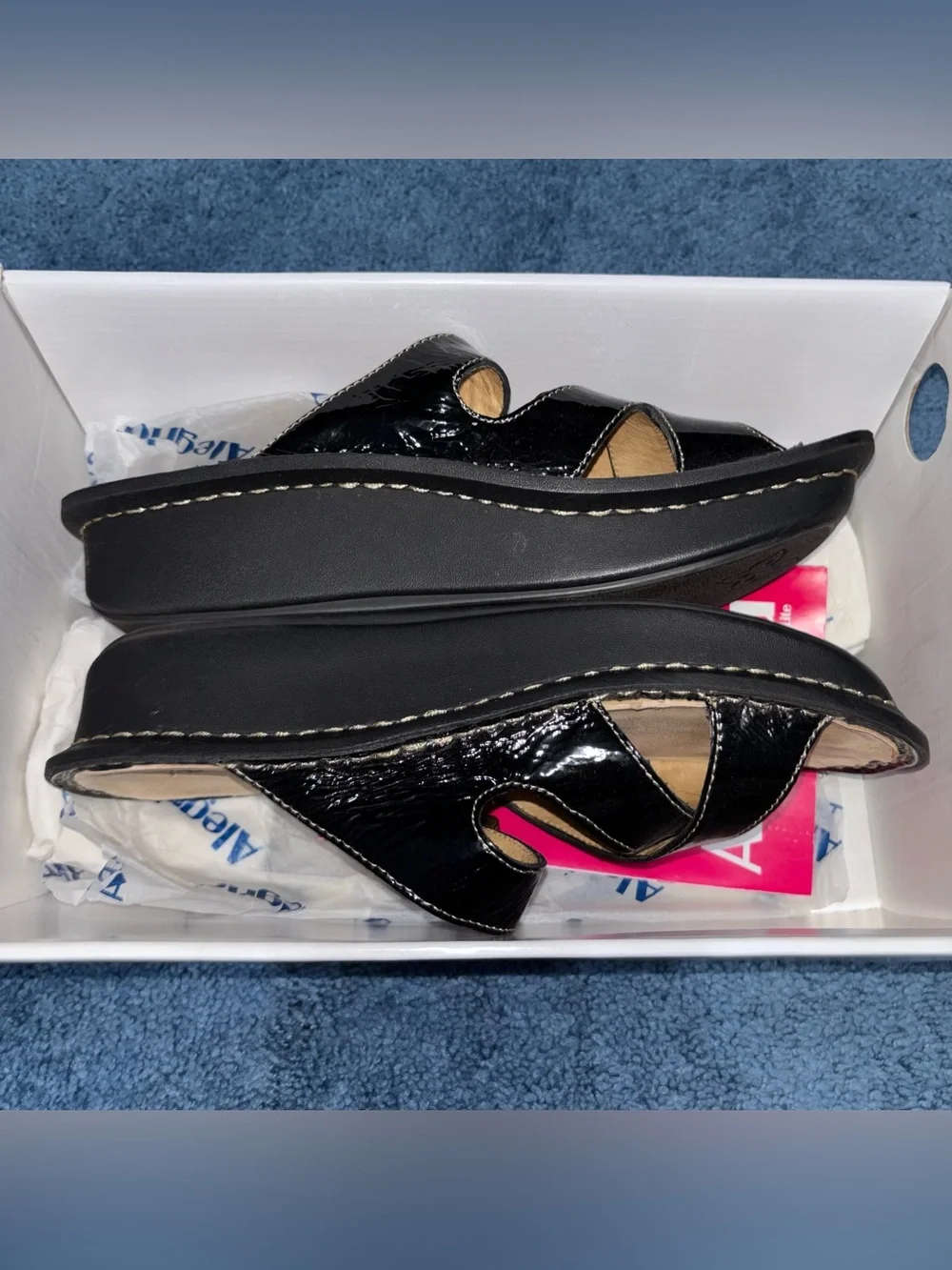 Alegria Black Patent Leather Crisscross Butterfly Slide Sandals